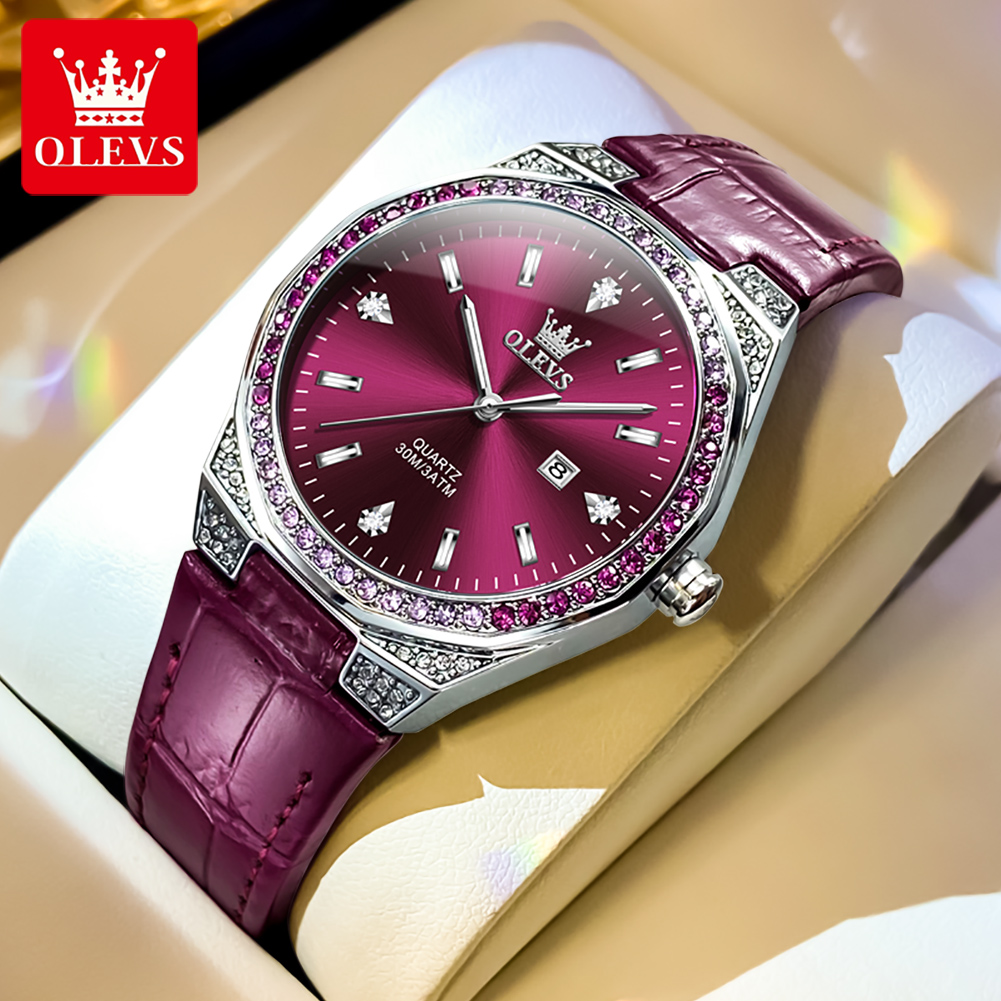 Luxury Watch With Leather Strap - OLEVS Orijinal kadın Saatler Elmas Tur